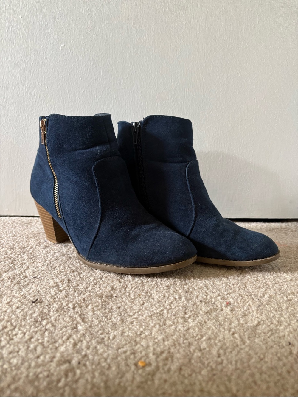 Women's Navy Suede Ankle Bootie with Block Heel